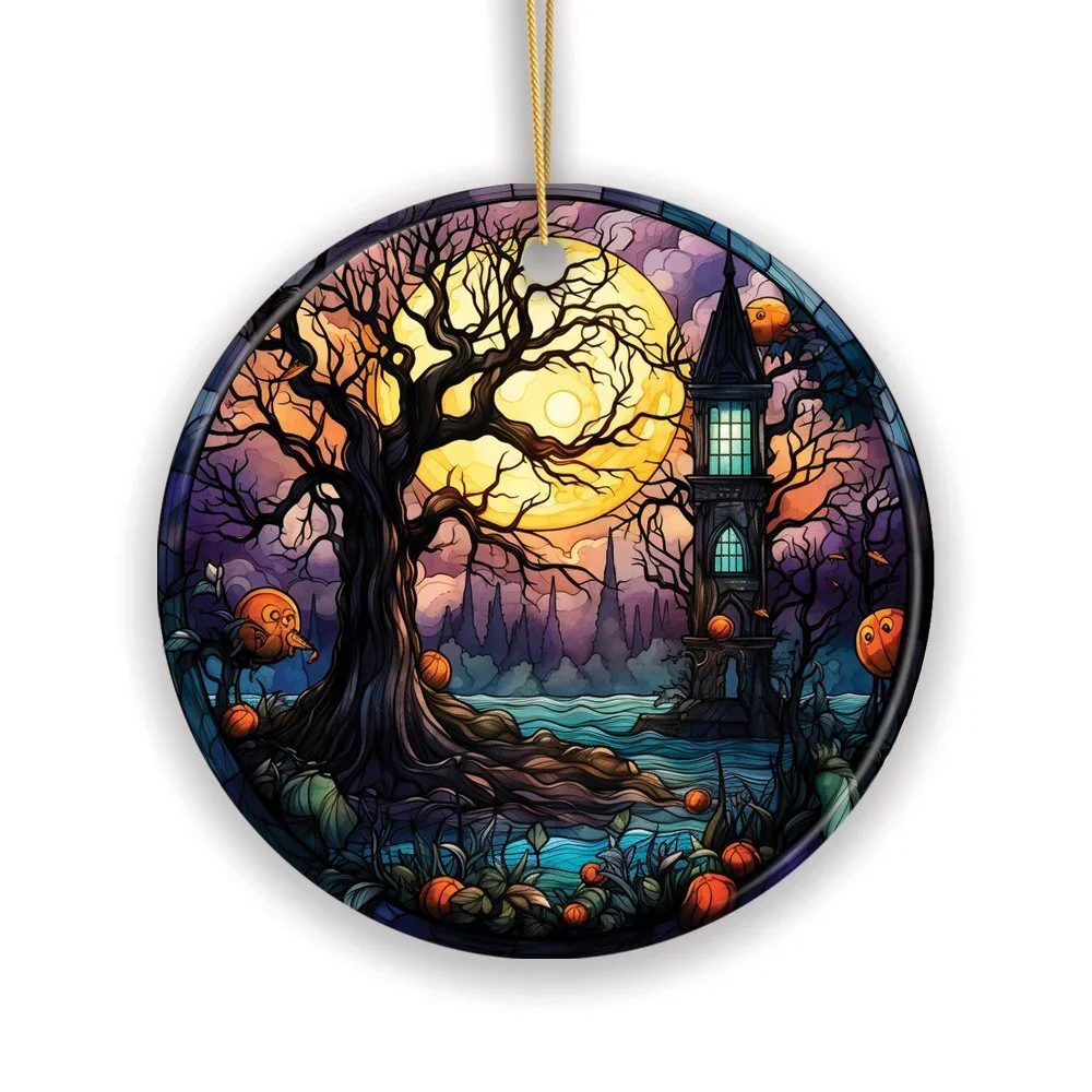 Spooky Tree & Haunted House Stained Glass Style Ceramic Ornament, Halloween The